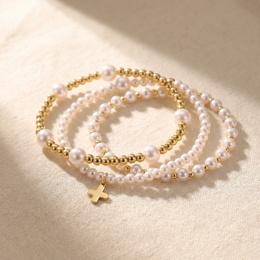 The Grace Stack: Pearl, Cross and Tube Bracelets photo 1
