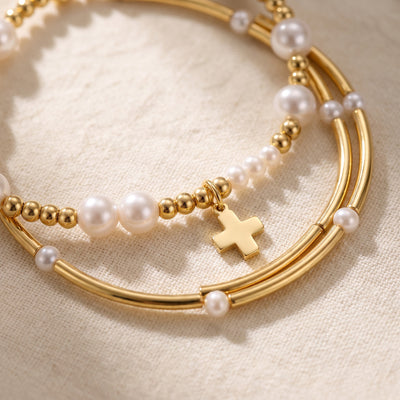 The Grace Stack: Pearl, Cross and Tube Bracelets photo 2