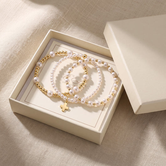 The Grace Stack: Pearl, Cross and Tube Bracelets photo 3